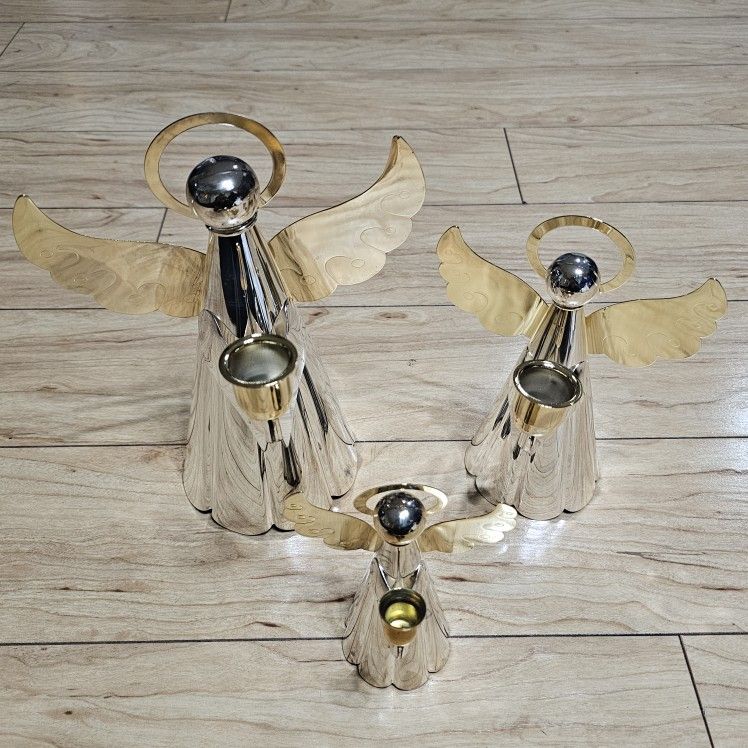 Silver Plated Gold Tone Angel Candle Holders Vintage Set of 3 Christmas Holiday Home Decor / Set of 3