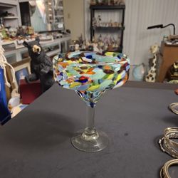 Mexican Hand Blown Margarita Glass With Rainbow Confetti Design 7"H X 5.25"W 