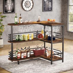 L-Shaped Home Bar Unit, 3 Tier Liquor Table With Storage Shelves and Wine Glasses Holder, Industrial Corner Wine Cabinet Mini Bar for Home Kitchen Pub