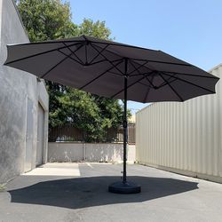 (Brand New) $130 Large 15FT Double Sided Outdoor Umbrella w/ 65 LBS Plastic Weight Base (Red/Gray)