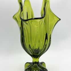 Vintage Viking Epic Four Petal Green Handkerchief Swung Glass Pedestal Vase 8”