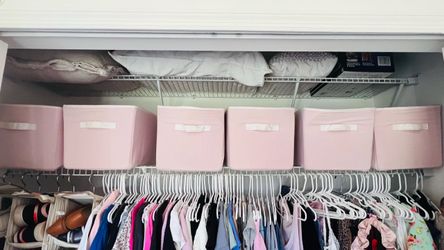 Set of 6 Wendy Bellissimo Baby & Kids pink fabric/cardboard storage bins.