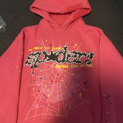 sp5der Pink Star Web Graphic Print Fleece Hoodie Pullover Men's