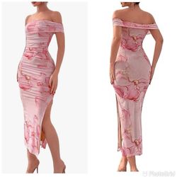 New Sexy Floral Print Off Shoulder Short Sleeve Ruched Bodycon  Party Evening Long Dress Sz-Medium Only 