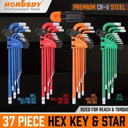 Premium CR-V Steel 37pcs Hex & Torx Key Set - Tamper-Proof, SAE & Metric Sizes, Long Arm Ball End Allen Wrenches in Vibrant Colors for Easy Identifica