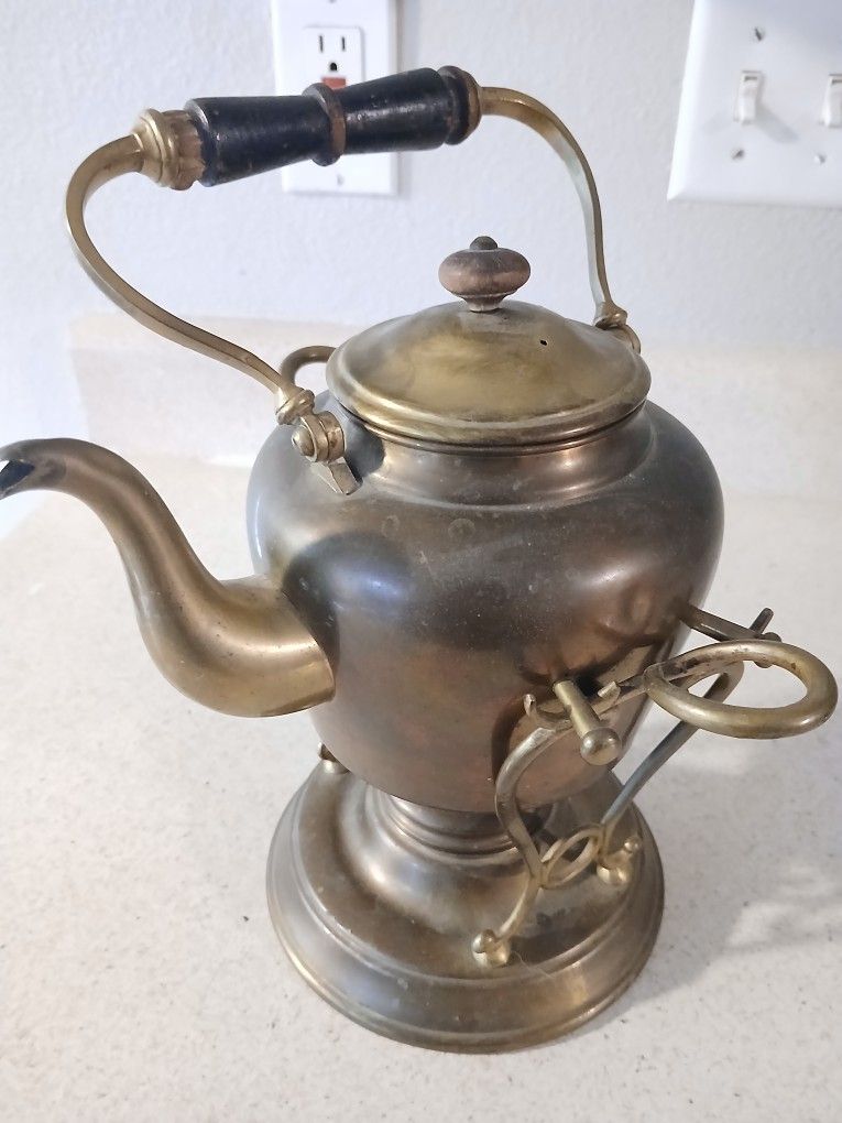 Rare Antique Brass Tipping Tea Kettle With Kerosene Warmer P