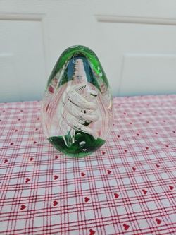Vintage Green Egg Shaped Swirl Glass Paper Weight. Murano Style Oval Art. 4.5 In