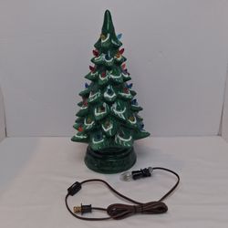 Gilbert Ceramic Lighted Snowy Christmas Tree 16" Green Multicolor Flocked 1950s