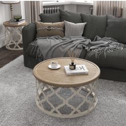 30" Farmhouse Coffee Table, French Round Coffee Table, Vintage Coffee Table with Distressed Wood Tray and Storage Shelf, Beige