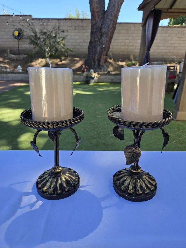 Vintage Metal Pillar Candle Holders With Candles