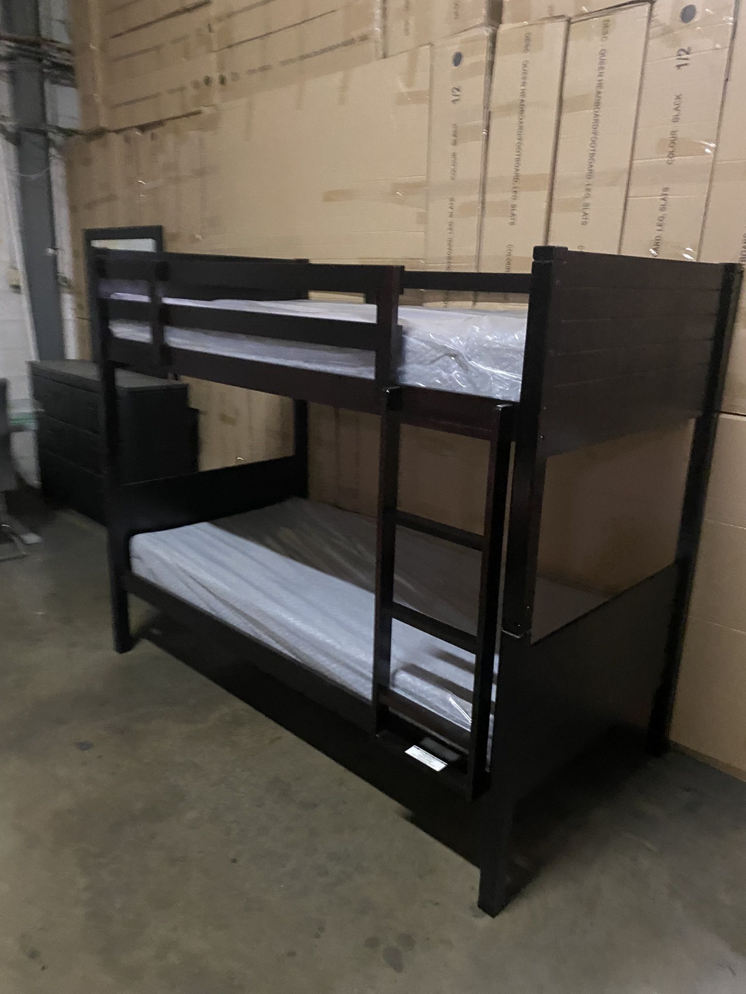 Twin over twin bunk bed. White or espresso. Assembly required. Assembly not included. Taxes included. Free delivery.  Bunk Bed only without Assembly-$