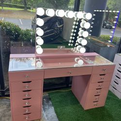 Pink Makeup Vanity with 13 Drawers and LED Mirror with Bluetooth Speaker 