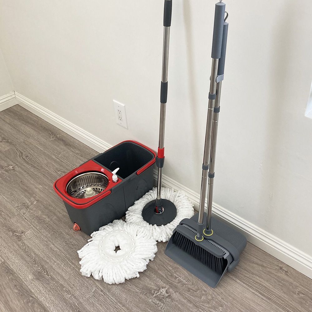$30 (NEW) Broom Dustpan and Spin Mop Combo Set, Extended Handle w/ 2pc Microfiber Replacements 