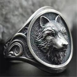 Men's 925 Silver Retro Wolf Totem Punk Ring - Size 8