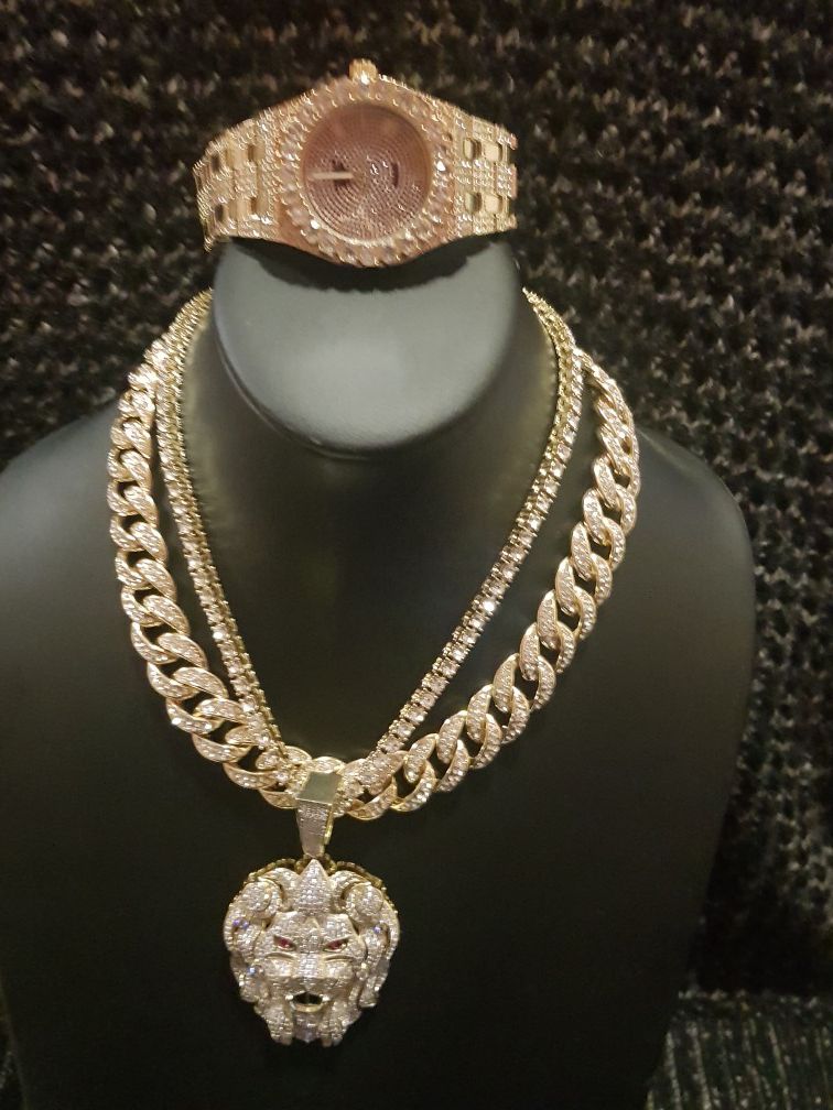 14K GOLD PLATED ICED OUT WATCH CHAINS COMBO