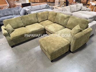 New Vintage Olive Green Modern Classic Sectional Couch and Ottoman Set Living Room Sofa Family Apartment Size Corner Space Mid Century Furniture SALE