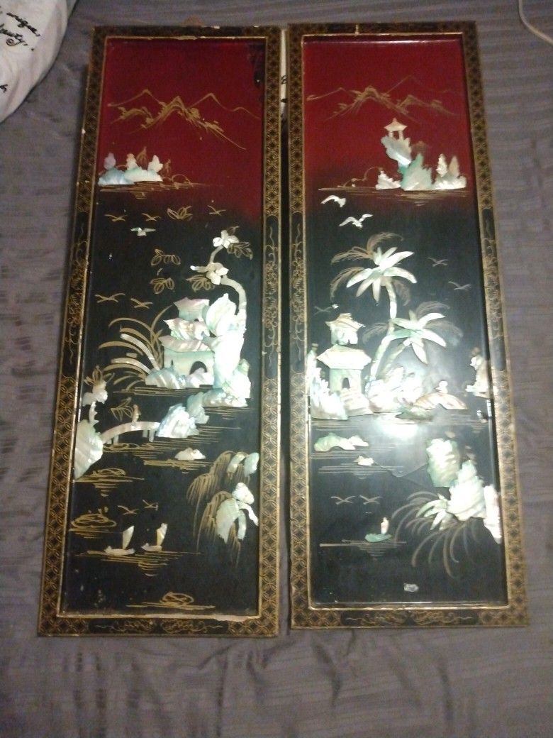 Vintage Asian wall Panel/Painting ,Pair