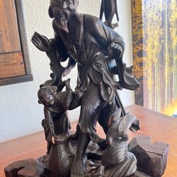 Beautiful Hand-Carved Chinese Fisherman Statue – Hardwood (Vintage)