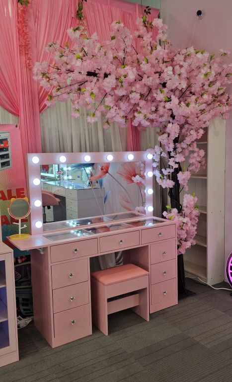 Pink Vanity Table With Mirror Light Bulbs With Stool
