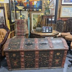 Large Antique Hand Painted Dome Top Trunk Rustic Chest