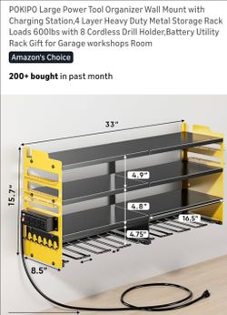 POKIPO Large Power Tool Organizer Wall Mount with Charging Station,4 Layer Heavy Duty Metal Storage Rack