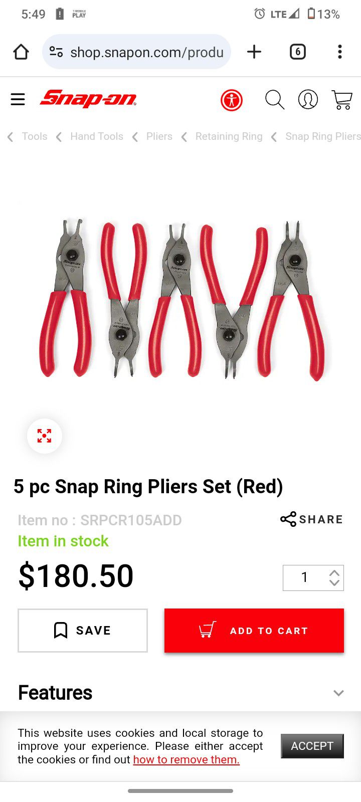 Snap On Snap Ring Pliers 5 Piece Set 