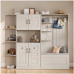 #673AB-Corner Entryway Hall Cabinet with Coat Hooks, Storage Shelves and Flip Door Organizer for Hallway - Beige