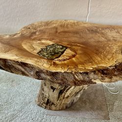 Live Edge Burl Wood Coffee Table with Resin River & Stone Inlay