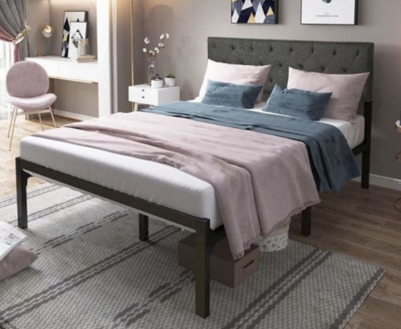 UPHOLSTERED BED FRAME FULL SIZE WITH ADJUSTABLE HEIGHT HEADBOARD BRAND NEW IN BOX!!!
