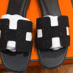 Hermes Black Rhinestone Oran sandals Size 7