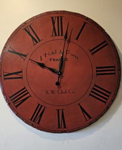 Vintage 30” Red-Cracked Wood Wall Clock by S.W. Clock Company – L’Hotel du Paris