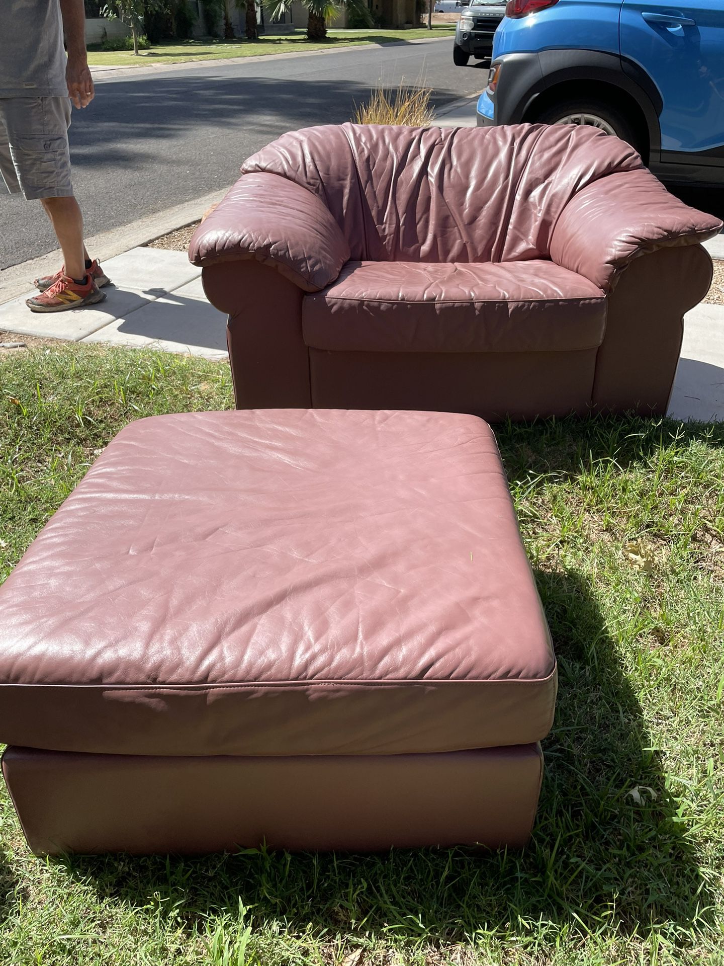2 Large PINK leather lounge chairs  and matching ottoman 
