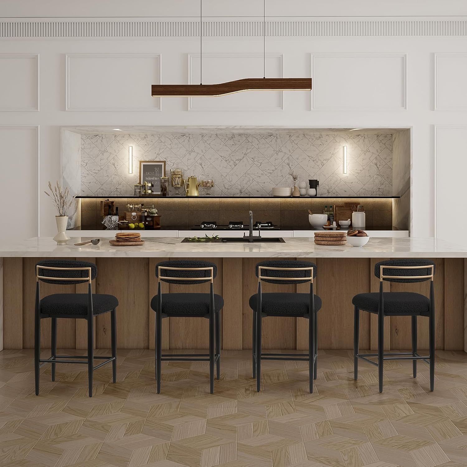 Counter Height Bar Stools Set of 4, 26" Black Barstools with Curved Backrest and Metal Legs, Island Chairs for Kitchen Island, Dining Room