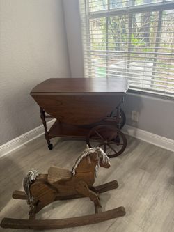 Rustic Wooden Drop-Leaf Table + Handmade Rocking Horse – Perfect for Baby Shower or Nursery Decor