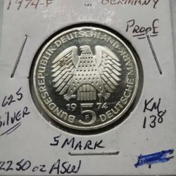 PROOF Germany 1974F 5 Mark silver coin 25th Anniversary of Constitutional.