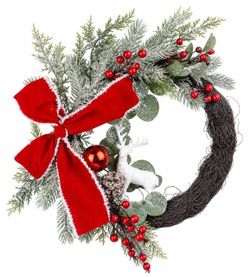 21” Christmas Wreath, Artificial Wreath with Red Bow, Reindeer Artificial Frosted Pine Cedar Wreath with Pinecones, Holiday Decoration for Front Door,