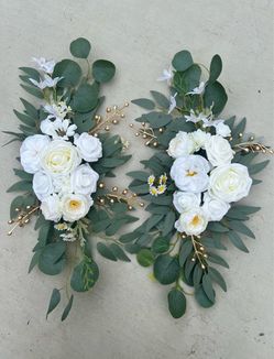 White roses and eucalyptus faux flower arrangement