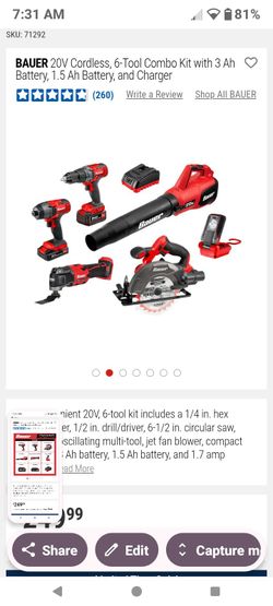 Bauer 20V Cordless 6-Tool Combo Kit