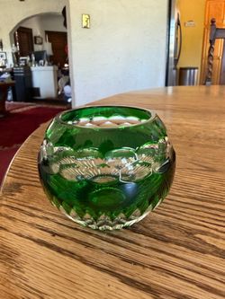 Faberge Votive Nadya Candle Holder Green Cut To Clear Etched “Faberge” NEW