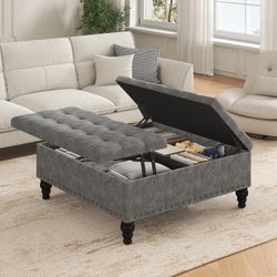 Large Square Leather Storage Ottoman Bench, Button Tufted Upholstered Coffee Table Ottoman with Solid Wooden Legs (Dark Gray)