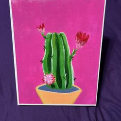 Handmade Acrylic Cactus Painting Pink Background.