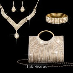 4 Pcs Sparkly Rhinestone Striped Tote with Sparkling Water Brick Necklace, Earrings and Bracelet Set