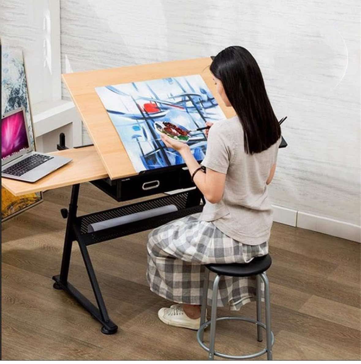 Drawing Table Drafting Desk, Height Adjustable Drawing Desk, Tiltable Craft Table with Storage, Maple Panel Art Desk, for Home Office Drafting Table