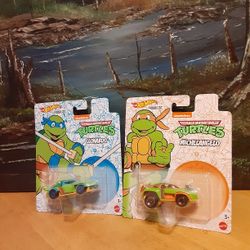 Hot Wheels Character Cars Teenage Mutant Ninja Turtles Leonardo & Michelangelo Diecast toy cars set of 2 1:64 scale $5