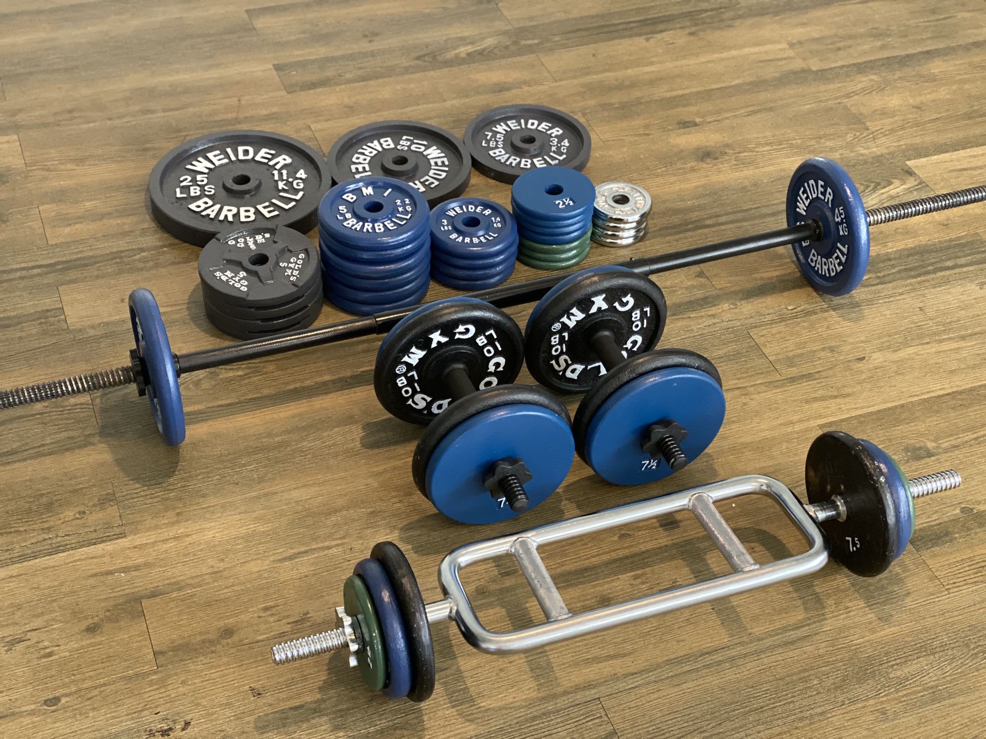 Gym weight Equipment (Weight Plates, Barbell, Dumbbell Handle Bars, Tricep Bar) TOTAL 250+LBS