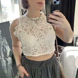 White Lace Cropped Tank High Neck Zip Back Sleeveless Top, Size M