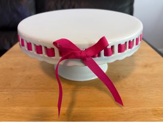 10” White Porcelain Cake Stand w/ Pink Ribbon