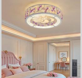 20 Inch Low Profile Caged Ceiling Fan with Light, Flower Chandelier Flush Mount Ceiling Lights Remote Control,Crystal Fandelier Bladeless 6 Speeds for