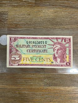 Military Payment Certificate (MPC), specifically a five-cent note from the Series 541.