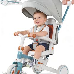 7-in-1 Tricycle for Toddlers 1-3 Years, Foldable Baby Trike Stroller with Steering Push Handle, Gift for Boys Girls 12 Months to 6 Years- Blue